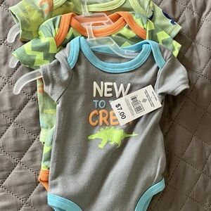 Kidgets Dinosaur Print Baby One Pieces 3/6M 3 Pack - Blue, Orange, Green